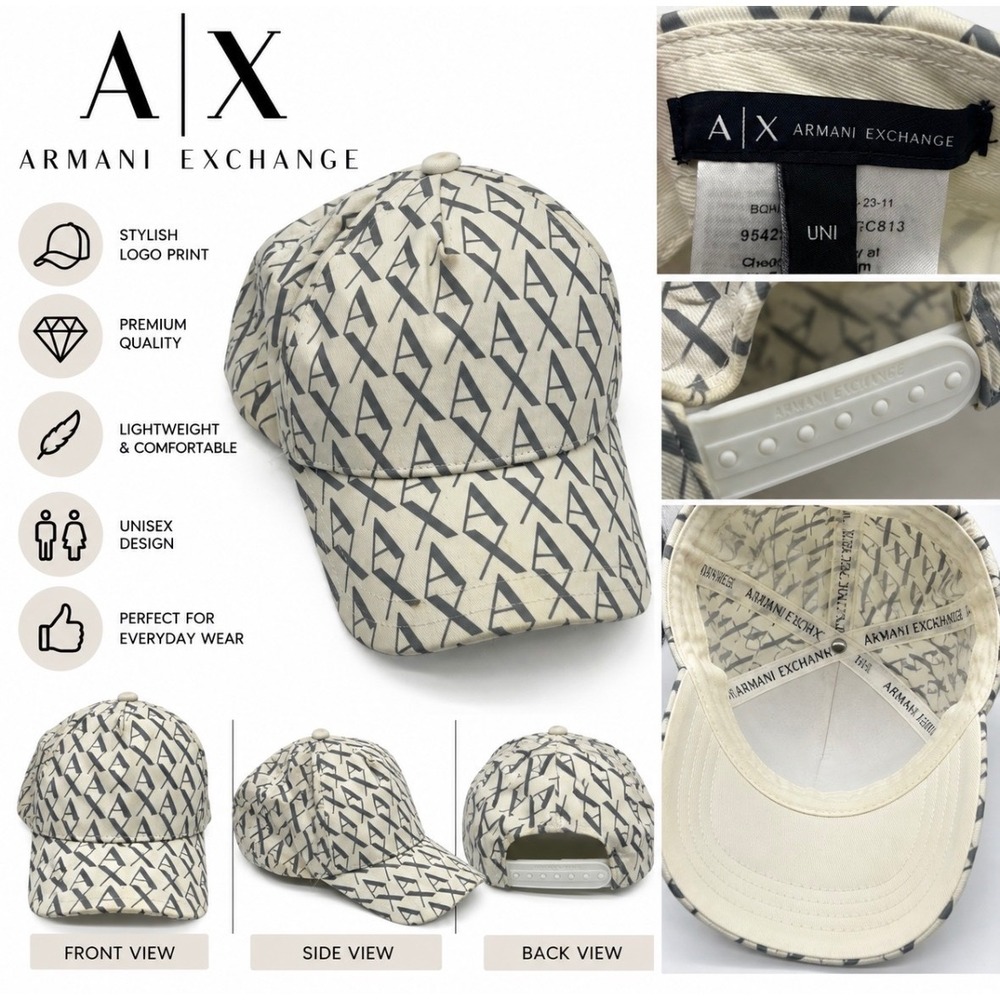 Armani Exchange AX Monogram Logo Snapback Baseball Cap Cream Grey